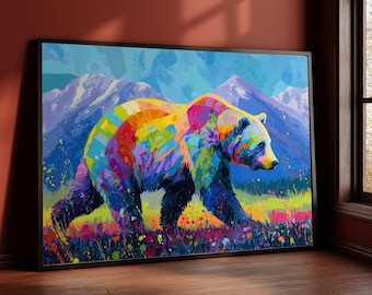 Abstract Bear Canvas Print, Colorful Wildlife, Mountain Art