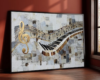 Abstract Musical Notes Canvas Wall Art, Gold Treble Clef Design, Piano Keyboard Art, Modern Music Decor, Home Decoration