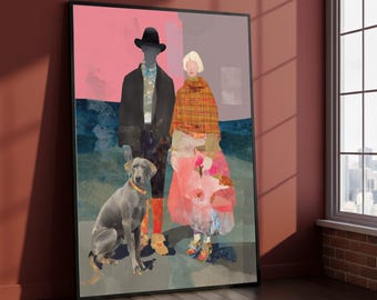 May include: Abstract art print featuring a couple and a dog. The figures are stylized with a black hat, coat, and plaid shawl. The dog is gray with a yellow collar. The background has pink, blue, and gray blocks.