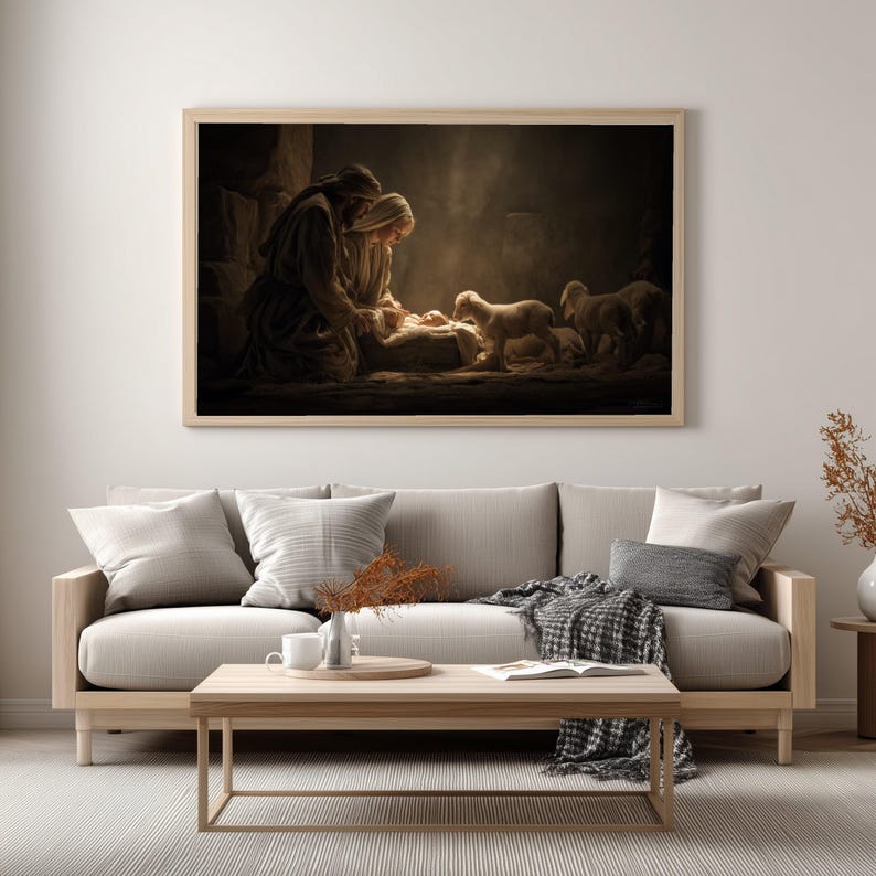 Nativity Scene Canvas Wall Art, Holy Family With Baby Jesus and Lambs ...