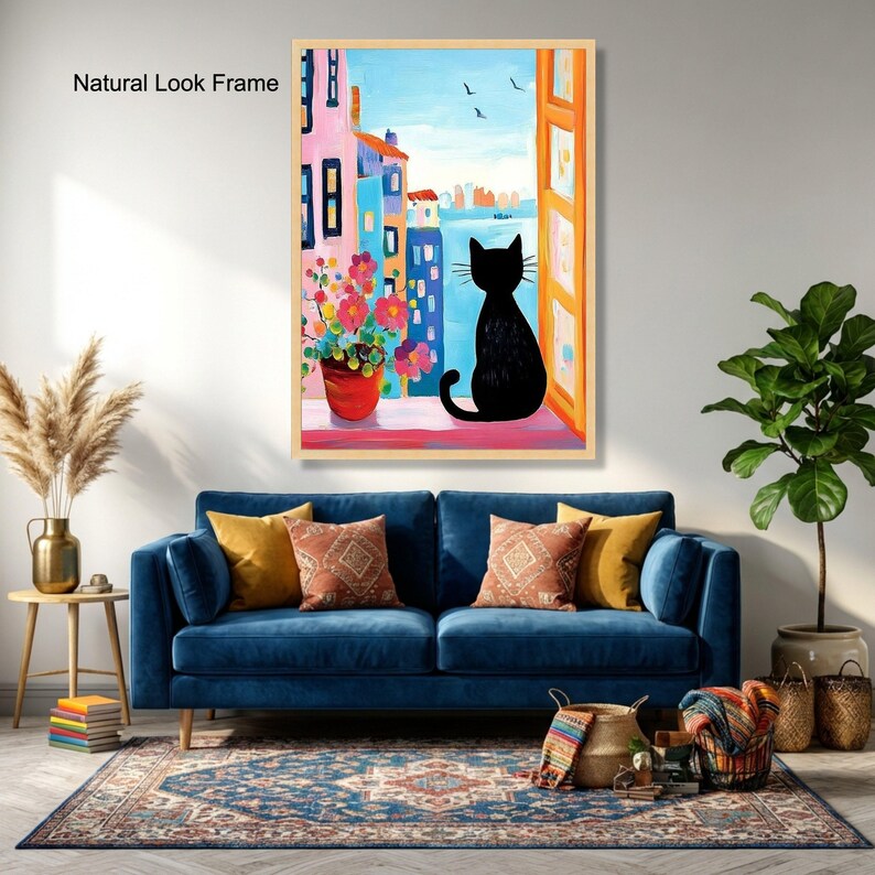 David Hockney Inspired Cat Window Canvas Art, Colorful Floral Cityscape ...
