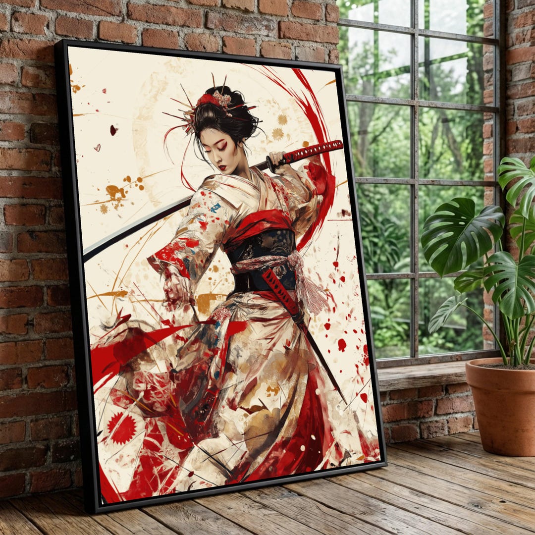 Fierce Samurai Woman Canvas, Japanese Warrior Art, Geisha With Katana ...