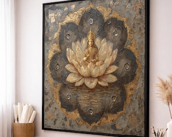Golden Lakshmi on Lotus Flower Canvas, Hindu Goddess Wall Art, Spiritual Home Decor, Religious Painting, Meditation Room Canvas