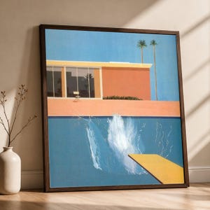 Stort kanvastavla med David Hockney, modern väggkonst med poolstänk, husmålning från mitten av århundradet, modern heminredning, vibrerande blått och persikafärgat