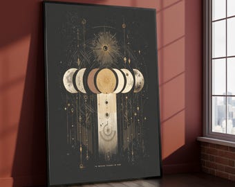 Moon Phases Canvas, Celestial Gold Boho Wall Art, Ready to Hang