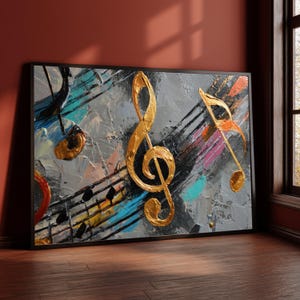 Gyllene musiknoter, väggkonst för abstrakt musik, målning, modern heminredning, present till musikälskare, färdig att hänga upp canvastavla
