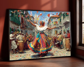 May include: A framed painting depicts a vibrant street scene with a woman in a colorful dress dancing joyfully. Musicians play instruments, and confetti fills the air. Buildings line the street, adorned with flags, creating a festive atmosphere.