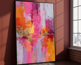 Könnte beinhalten: Abstrakter Kunstdruck in einem schwarzen Rahmen. Das Kunstwerk zeigt eine lebendige Mischung aus Farben, darunter Rosa, Orange, Gelb und Lila, mit Akzenten aus Blattgold. Das Gemälde hat ein strukturiertes Aussehen mit sichtbaren Pinselstrichen und Farbmischungen.