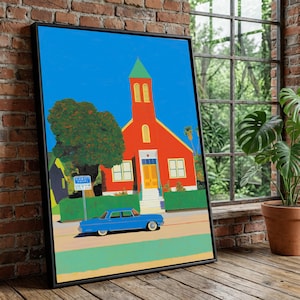 Bright Red Church Canvas, Classic Car Wall Art, David Hockney Style, Colorful Building Print, Vibrant Home Decoration