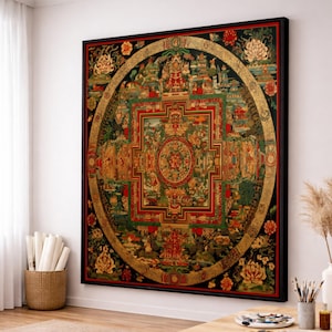 Tibetan Mandala Canvas, Sacred Geometry Wall Art, Meditation Decor image 1
