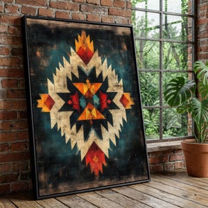 May include: A framed canvas art print featuring a geometric design in shades of cream, orange, red, and teal. The artwork has a distressed, vintage look and is set against a dark blue background. The frame is black.
