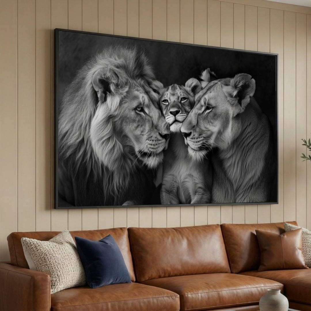 Majestic Lion Family Canvas Wall Art, Black and White Wildlife Portrait ...