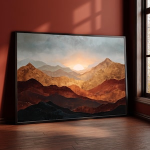 Lienzo decorativo de montaña con atardecer dorado, pintura rústica de paisaje en tonos tierra