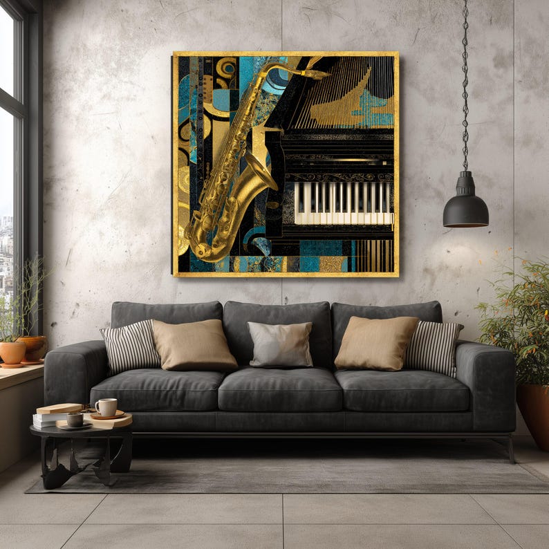 Jazz Instruments Canvas, Saxophone and Piano Wall Art, Music Decor Canvas, Gold Blue Abstract Art, Instrumental Music Canvas image 2
