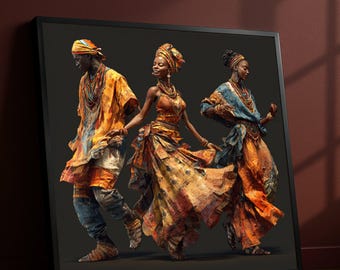 Vibrant African Dance, Cultural Canvas Wall Art, Ethnic Traditional Clothing, Colorful Movement Painting, Bohemian Home Decor, Ready to Hang