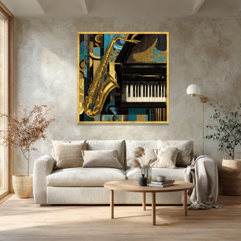 Jazz Instruments Canvas, Saxophone and Piano Wall Art, Music Decor Canvas, Gold Blue Abstract Art, Instrumental Music Canvas image 5