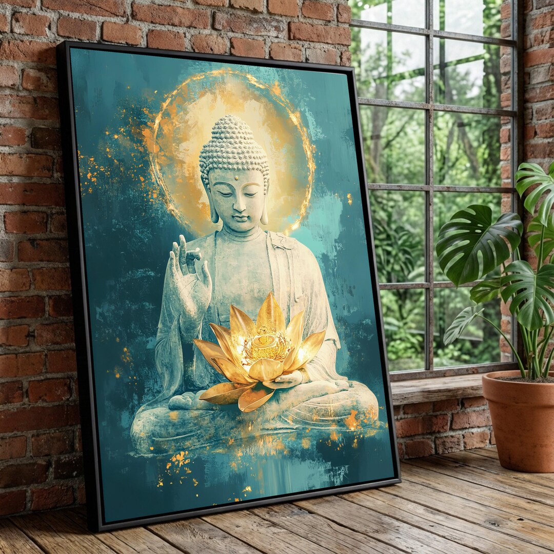 Serene Buddha Meditation Canvas Wall Art, Golden Lotus Floral Decor ...