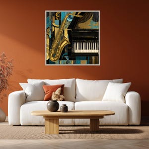 Jazz Instruments Canvas, Saxophone and Piano Wall Art, Music Decor Canvas, Gold Blue Abstract Art, Instrumental Music Canvas image 6