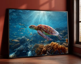 Sea Turtle Underwater Canvas, Ocean Wildlife Wall Art, Marine Life Canvas Decor, Coral Reef Painting, Nature Sea Turtle Print