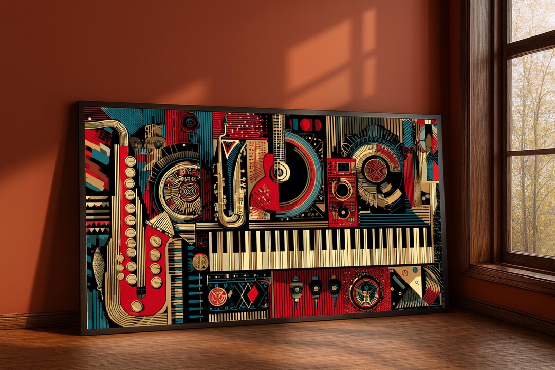 Abstract Music Instruments Canvas, Vintage Saxophone and Guitar Art ...