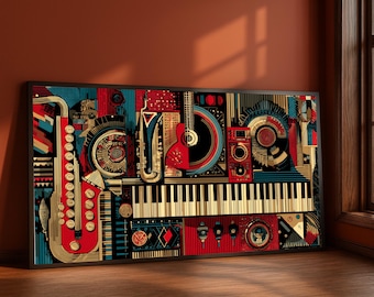 Abstract Music Instruments Canvas, Vintage Saxophone and Guitar Art, Piano Keyboard Wall Decor, Retro Vinyl Record Design, Modern Music