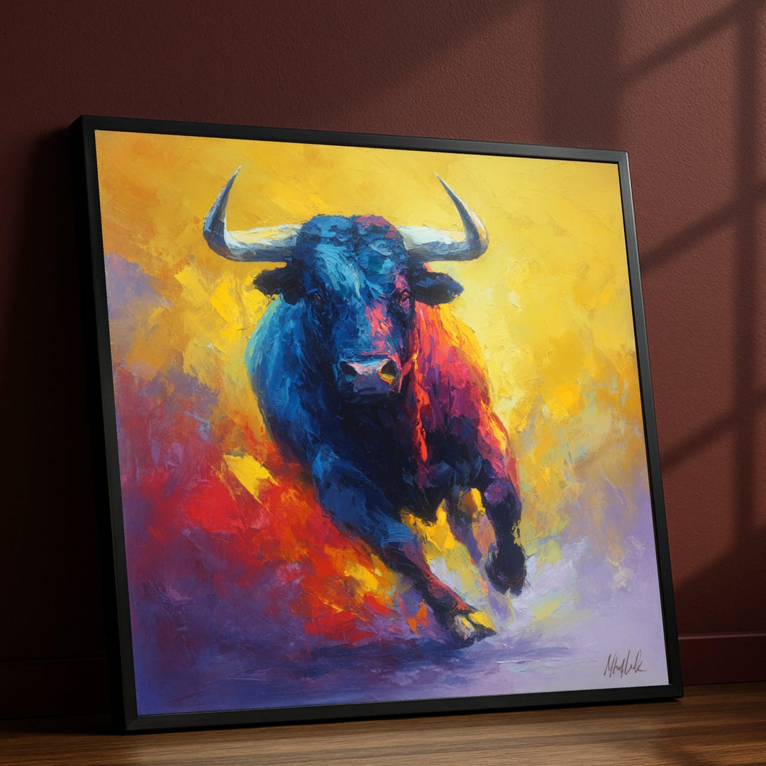 Vibrant Running Bull Canvas, Modern Abstract Animal Wall Art - Etsy