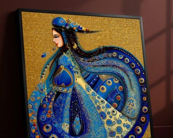 Blue and Gold Lady Canvas Art, Middle Eastern Style Painting
