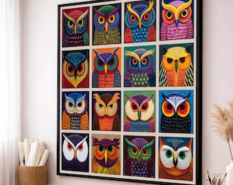Colorful Owl Faces Canvas Art, Modern Wildlife Portraits, Set of 16