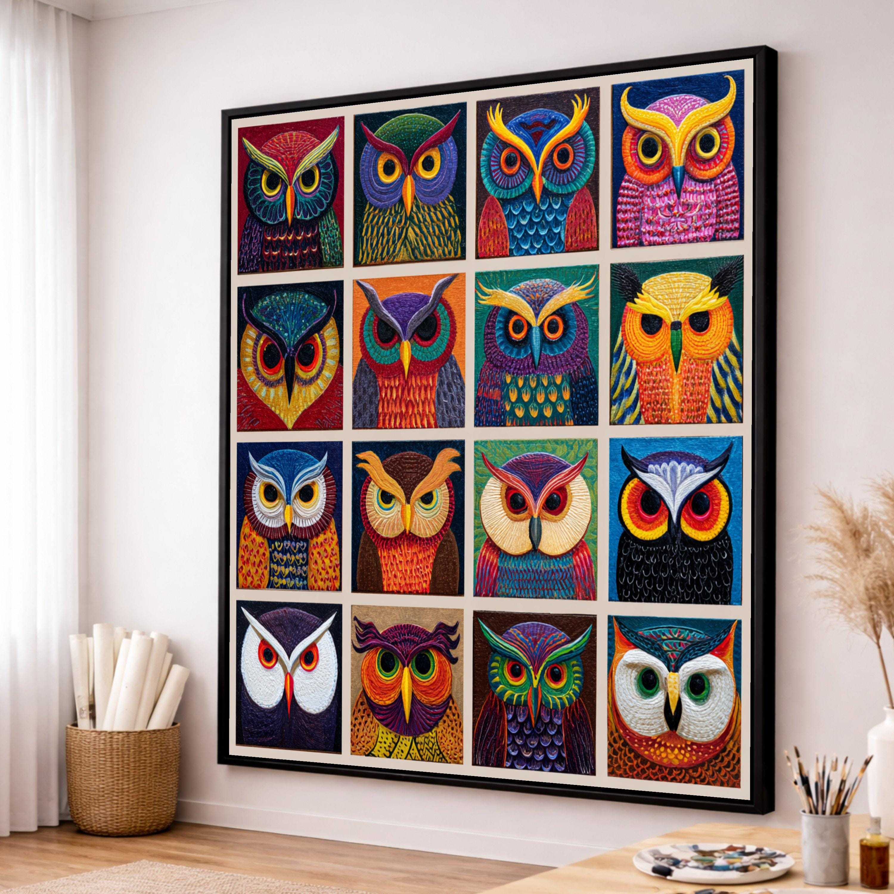 Colorful Owl Faces Canvas Art, Modern Wildlife Portraits, Set of 16