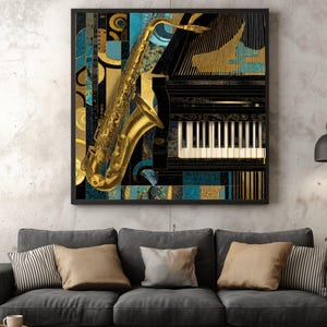 Jazz Instruments Canvas, Saxophone and Piano Wall Art, Music Decor Canvas, Gold Blue Abstract Art, Instrumental Music Canvas image 4