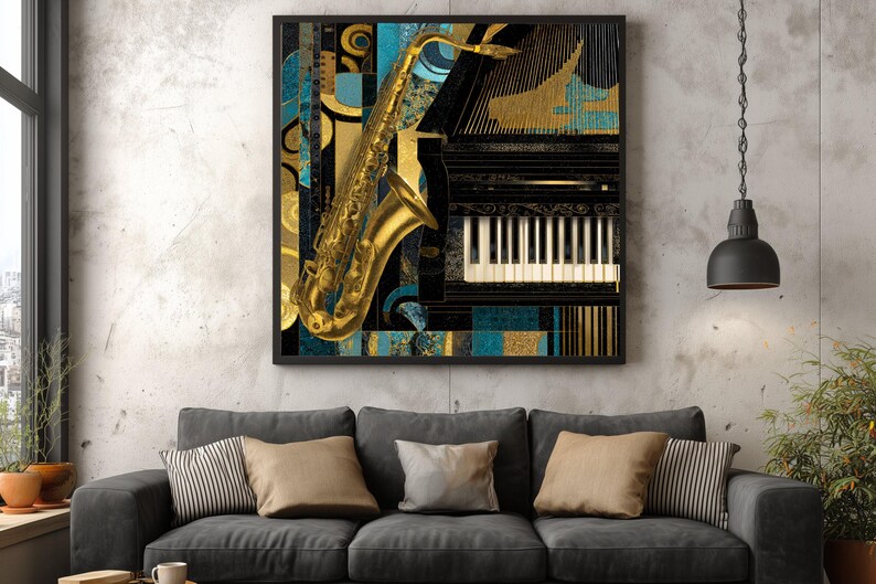 Jazz Instruments Canvas, Saxophone and Piano Wall Art, Music Decor Canvas, Gold Blue Abstract Art, Instrumental Music Canvas image 4
