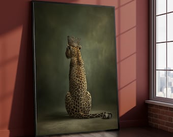 Regal Leopard with Crown Canvas Art, Elegant Wildlife Portrait
