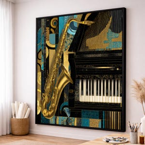 Jazz Instruments Canvas, Saxophone and Piano Wall Art, Music Decor Canvas, Gold Blue Abstract Art, Instrumental Music Canvas image 1