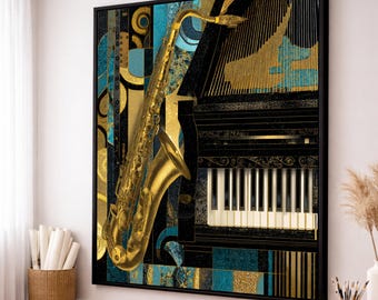 May include: A framed artwork featuring a golden saxophone and piano keys against a backdrop of teal, black, and gold geometric shapes. The artwork has a black frame and is displayed in a room with a neutral color palette.