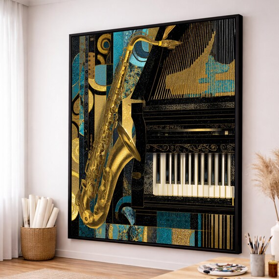 Jazz Instruments Canvas, Saxophone and Piano Wall Art, Music Decor Canvas, Gold Blue Abstract Art, Instrumental Music Canvas
