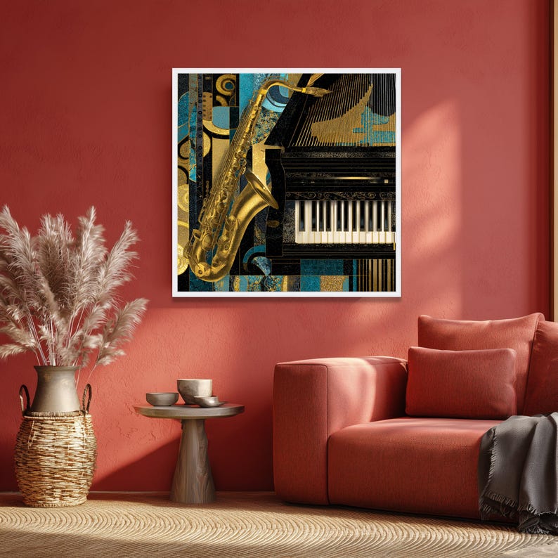 Jazz Instruments Canvas, Saxophone and Piano Wall Art, Music Decor Canvas, Gold Blue Abstract Art, Instrumental Music Canvas image 3