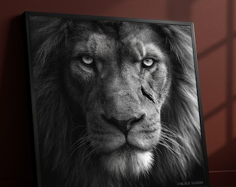 Majestic Lion Portrait Canvas Wall Art, Black and White Wildlife Decor, Fierce Animal Face Canvas, Powerful Safari Lion Artwork