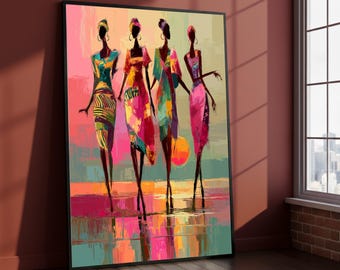 Vibrant African Women Canvas Art, Colorful Fashion Silhouettes, Abstract Ethnic Wall Decor, Modern Cultural Canvas Painting, Ready to Hang