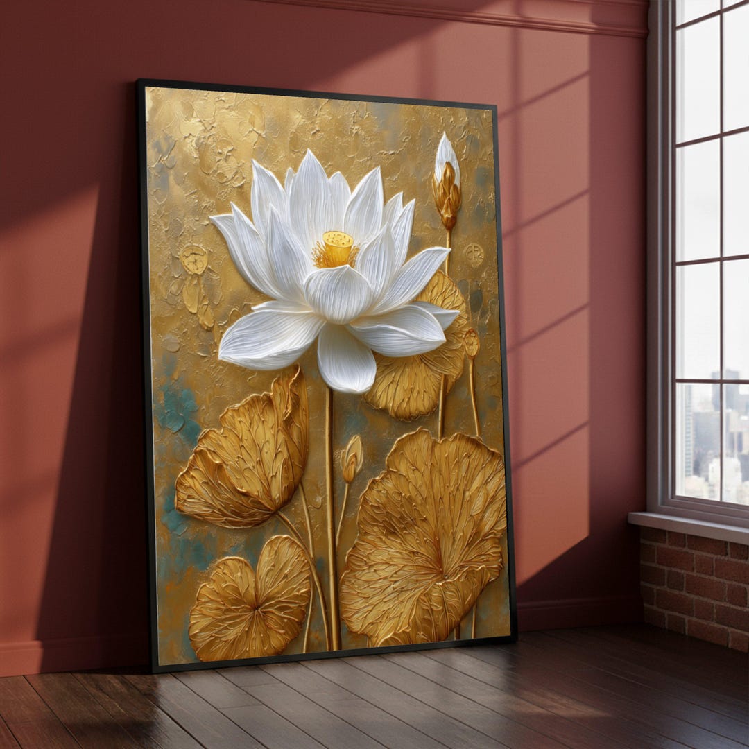 Elegant White Lotus Flower Canvas, Gold Leaf Background Wall Art ...
