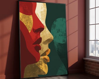 カラフルな抽象的な横顔の絵画｜絡み合った肖像画｜モダンな壁装飾