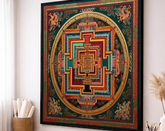 Intricate Mandala Canvas Art, Tibetan Buddhist Thangka Design, Spiritual Wall Decoration, Colorful Geometric Pattern, Zen Home Canvas