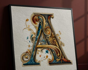 Ornate Letter A Canvas Art, Vintage Flourish Monogram, Home Decor