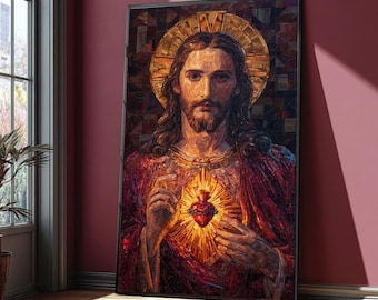 Sacred Heart of Jesus Mosaic Canvas Print, Religious Wall Art