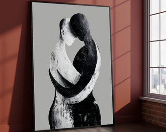 Black and White Embrace Canvas, Abstract Couple Wall Art, Modern Love Painting, Canvas Art, Romantic Home Decoration