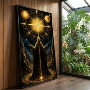 May include: A framed vertical wall art print featuring a cloaked figure standing beneath a large, glowing golden compass rose and celestial symbols. The artwork displays a dark, atmospheric landscape with intricate gold lines and light effects.