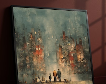 Vintage Foggy Cityscape Canvas Art, Abstract Urban Painting