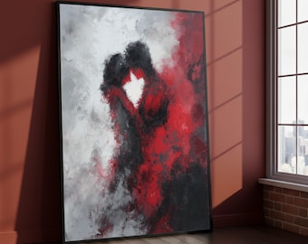 Abstract Romantic Couple Canvas, Love Embrace Wall Art, Red and Black Modern Expressionist Canvas, Home Decor Painting