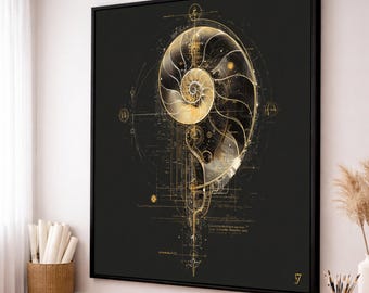 Golden Nautilus Canvas Print, Abstract Geometric Art, Modern Home Decor