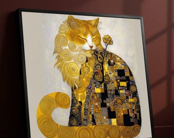 Elegante quadro su tela raffigurante un gatto, dipinto astratto dorato raffigurante un gatto, opera d'arte decorativa raffigurante un felino, moderna tela raffigurante un animale, decorazione da parete per la casa