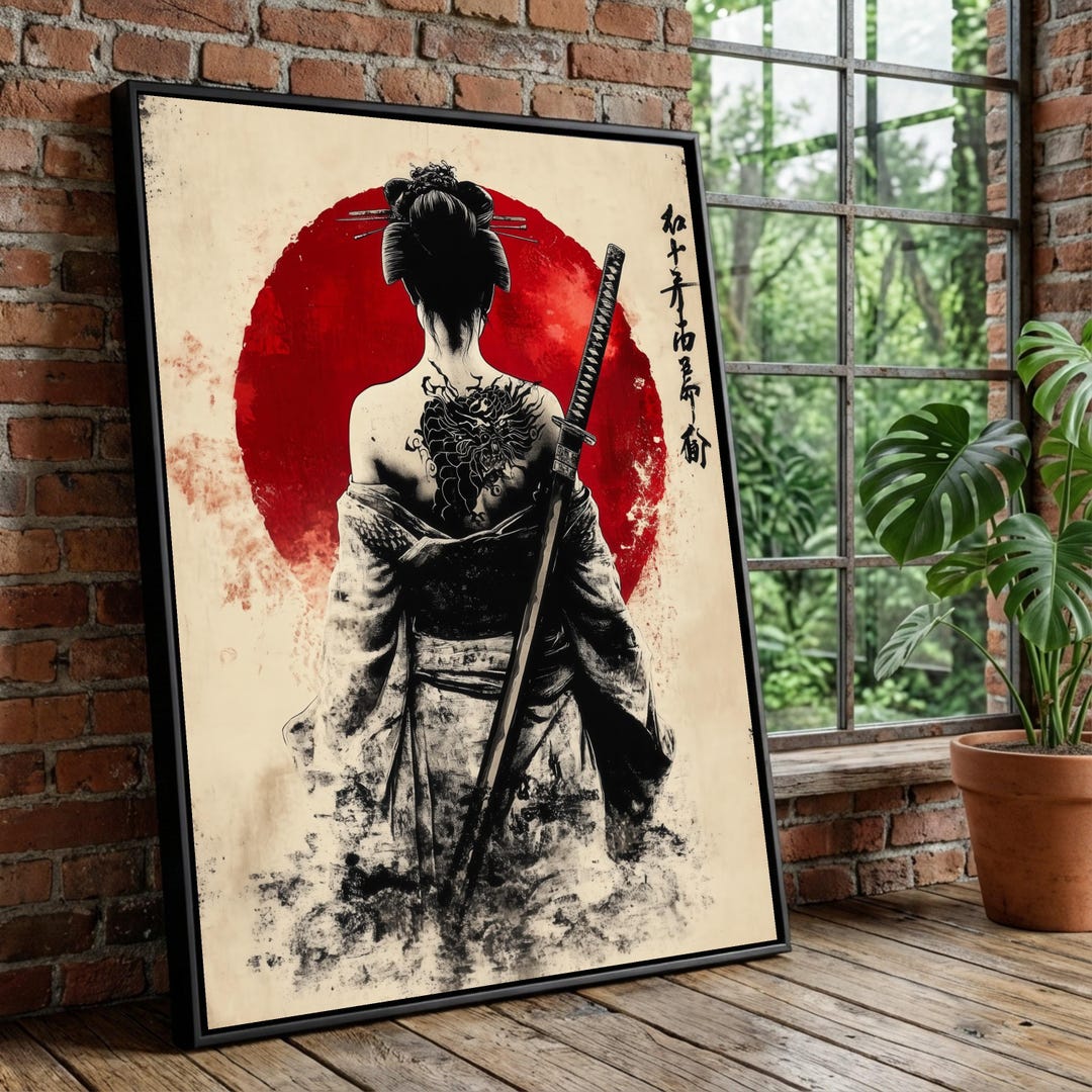 Samurai Woman Back Tattoo Canvas, Japanese Geisha With Katana Sword ...